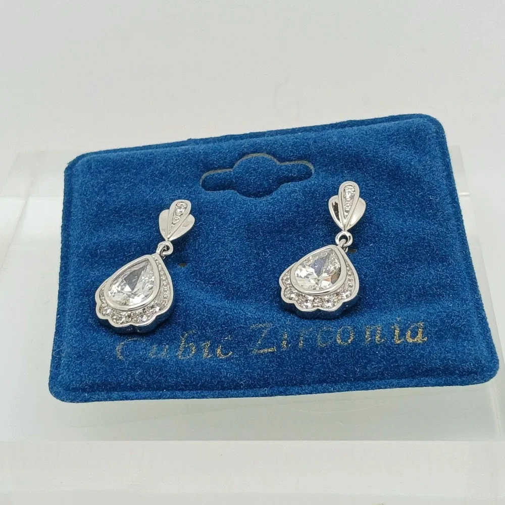 Vintage 1990s Pear Cut Cubic Zirconia Silver Tone Drop Earrings Rare New on Card